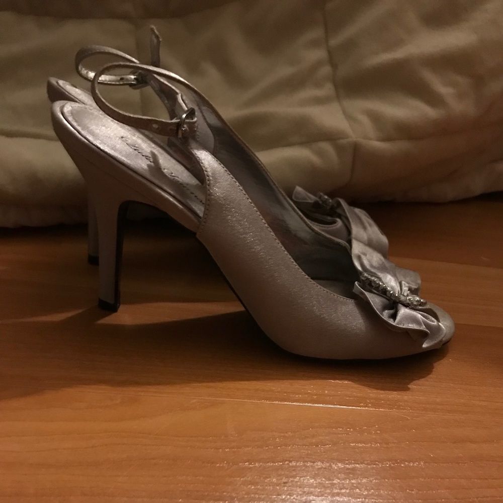 Satin Silver Peep Toe Heels